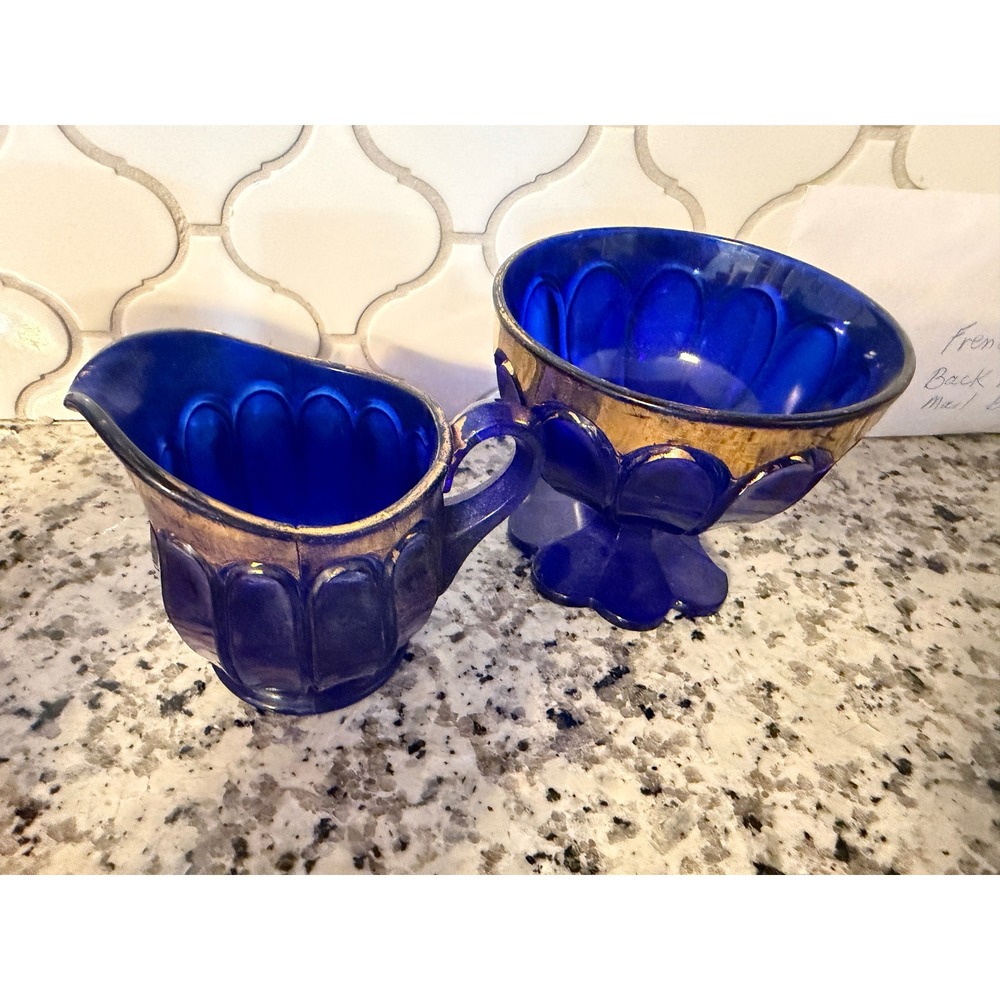 Cobalt Blue Glass Creamer Sugar Bowl Set Gold Trim Thumbprint Petal